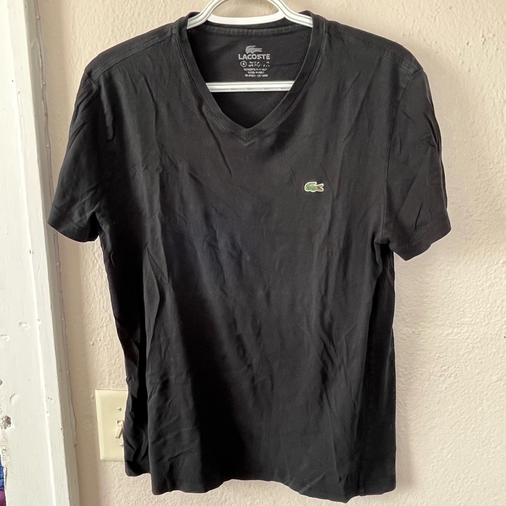 Lacoste Black V-Neck Tee with Green Crocodile